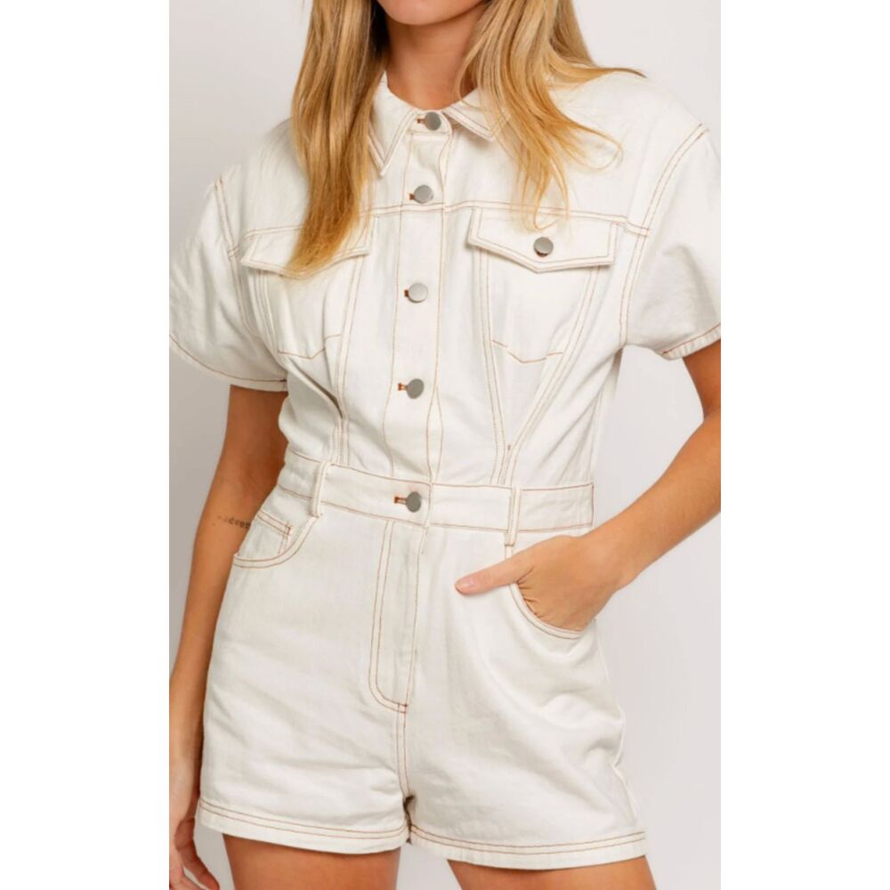 Cotton On White Denim Shortalls Overall Romper Size Medium NWT